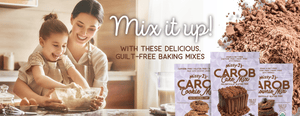 header for Missy J's baking mixes featuring a mom and daughter baking together