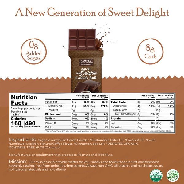 Missy J's Organic Carob Dark Delights Unsweetened Coffee Candy Bar- 2, 6, 12pk