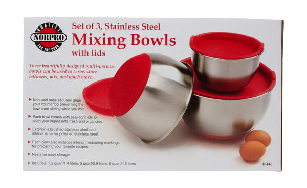 Norpro Mixing Bowls with Grip and Lid, Stainless Steel, Set of 3