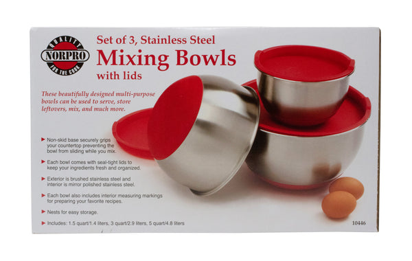 Norpro Mixing Bowls with Grip and Lid, Stainless Steel, Set of 3