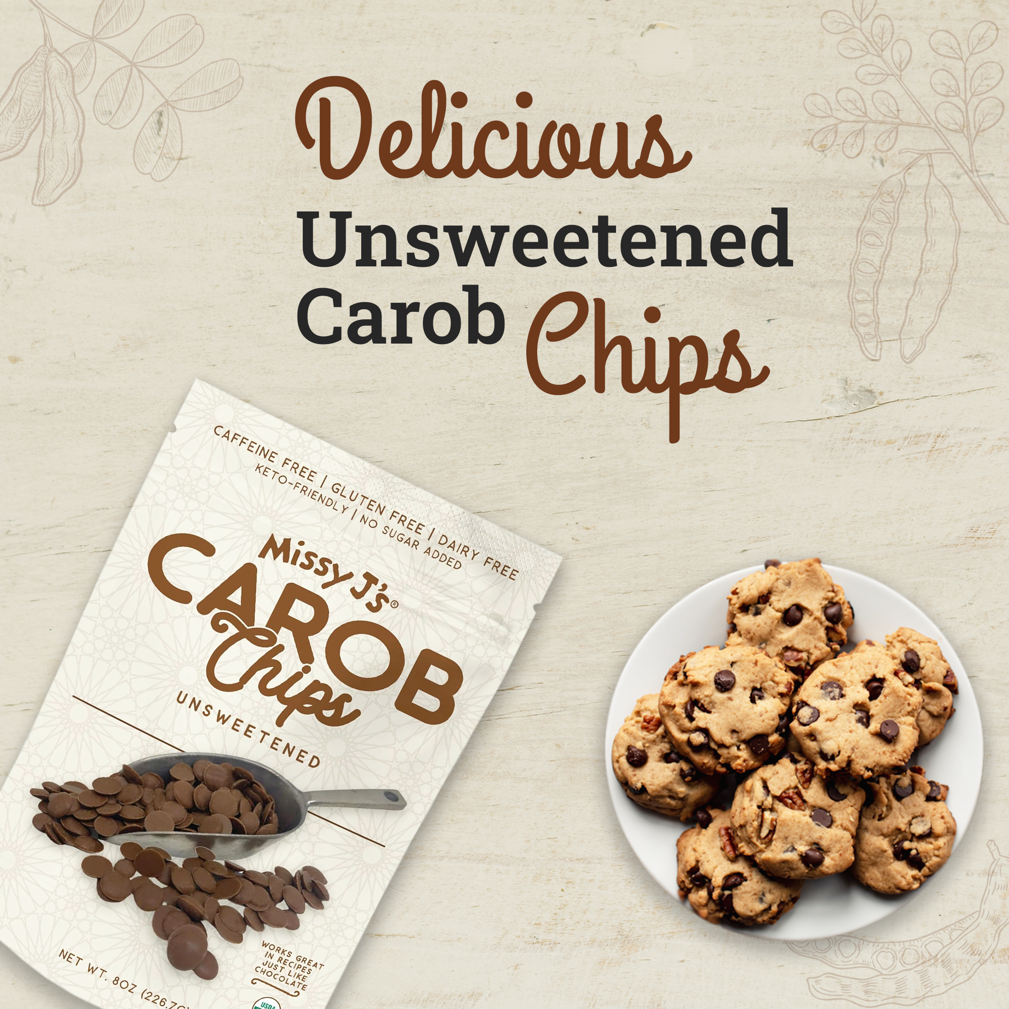 Organic Unsweetened Carob Chips, 8oz | Missy J's