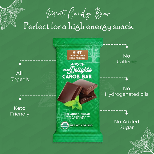 Missy J's Organic Carob Dark Delights Unsweetened Mint Candy Bar- 2, 6, 12pk