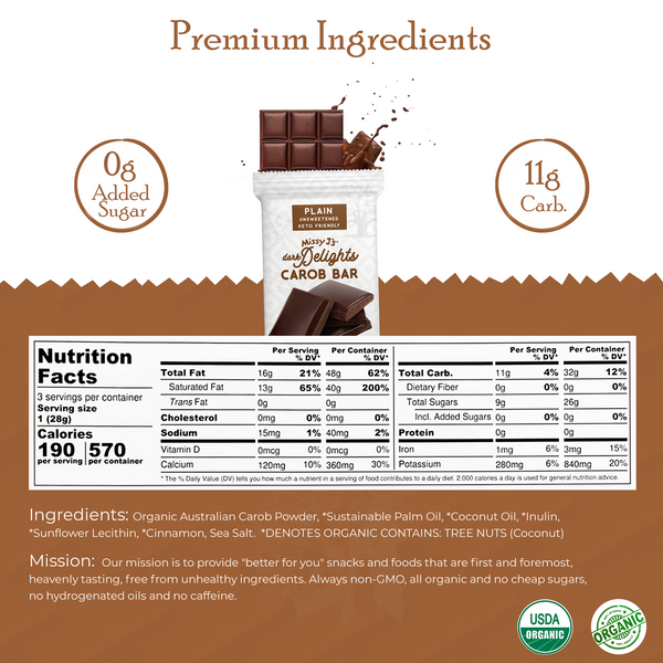 Missy J's Organic Carob Dark Delights Unsweetened Plain Candy Bar- 2, 6, 12pk